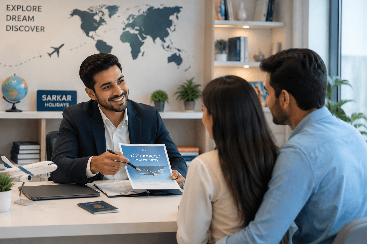 Professional travel consultant assisting customers